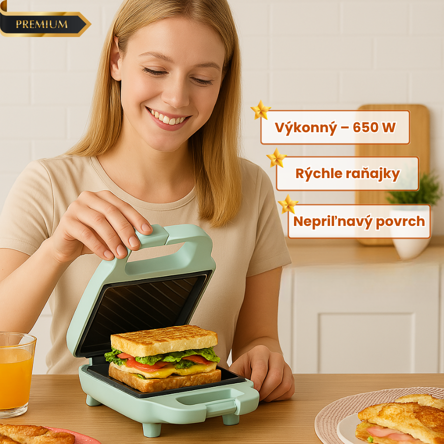 Kompaktný sendvičovač s nepriľnavým povrchom a výkonom 650 W