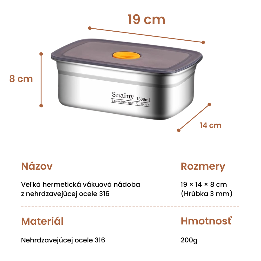 🇸🇰 Veľká vákuová nádoba z nerezovej ocele 316 (X5CrNiMo17-12-2) nemeckej kvality - 1500ml