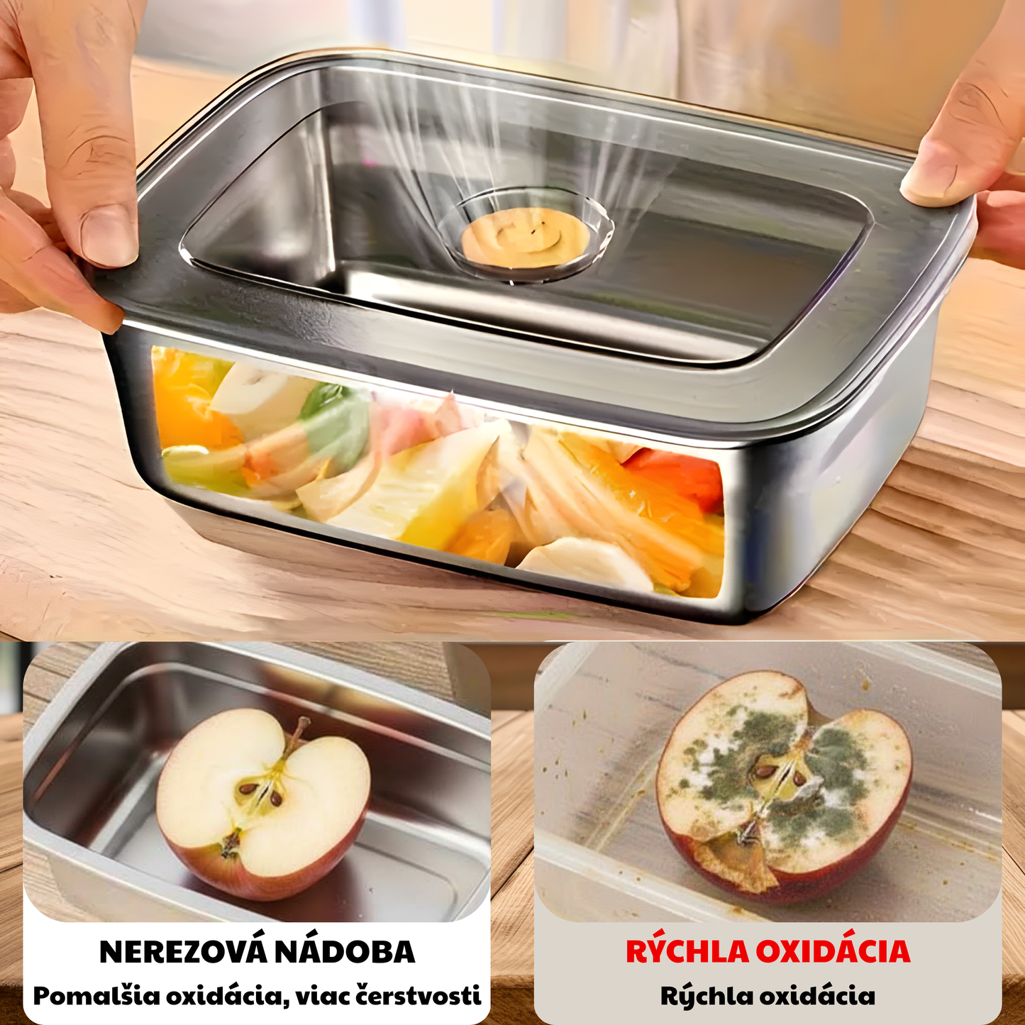 Veľká vákuová nádoba na potraviny z antibakteriálnej nehrdzavejúcej ocele 1000 ml (19 × 14 × 6 cm)