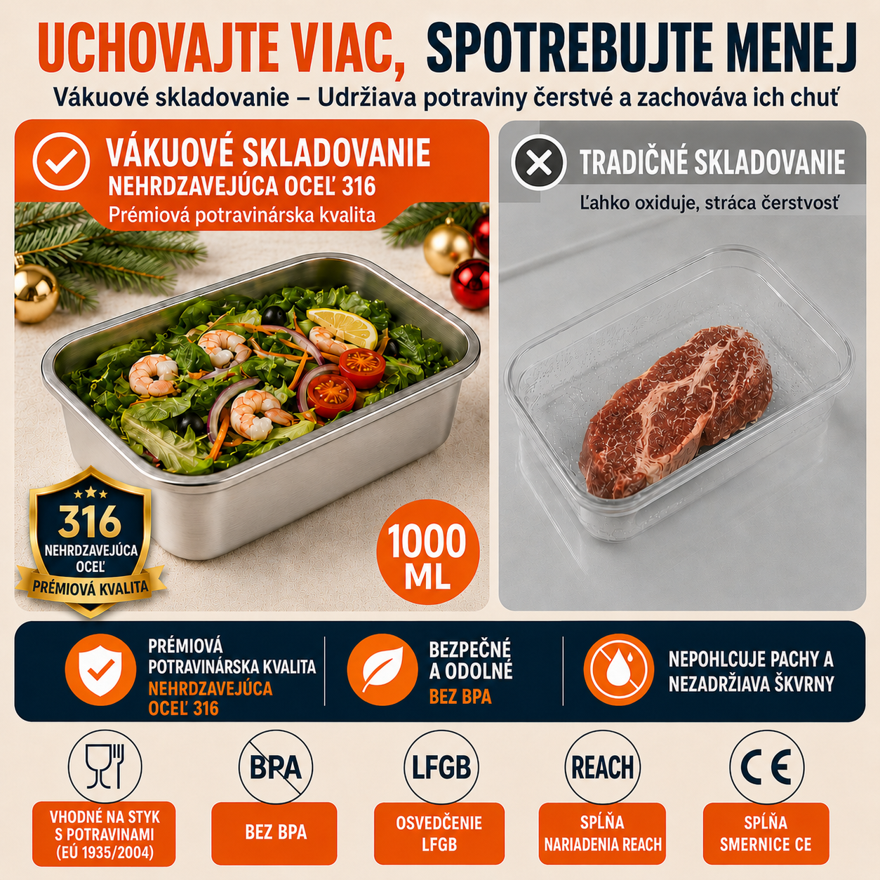 ⚜️Vákuová nádoba z ocele 316, 1000ML — nemecká kvalita | Čerstvé jedlo 5× dlhšie