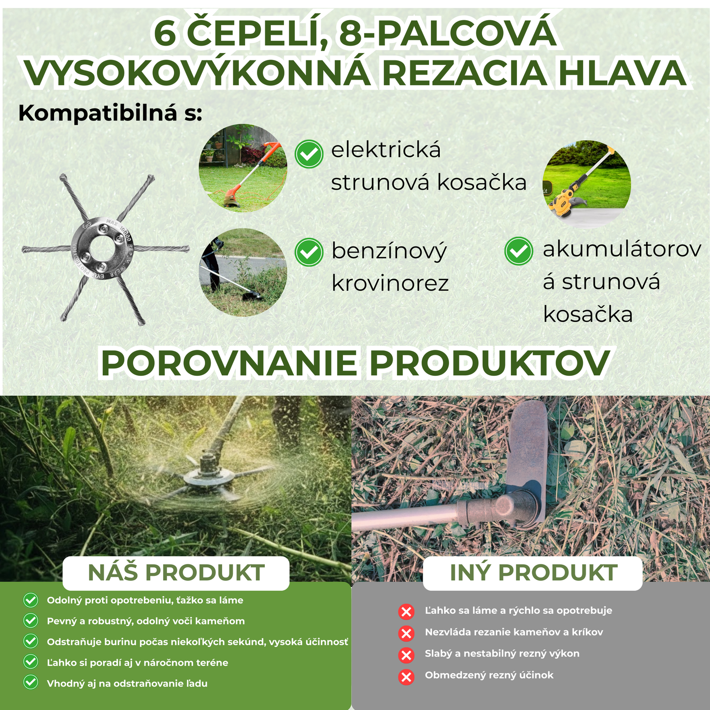Hlava krovinorezu má 6 spletených ramien z odolného oceľového drôtu.