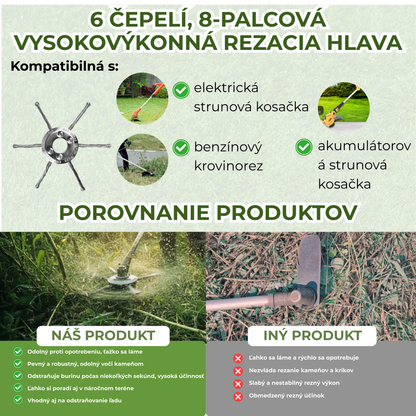 Hlava krovinorezu má 6 spletených ramien z odolného oceľového drôtu.