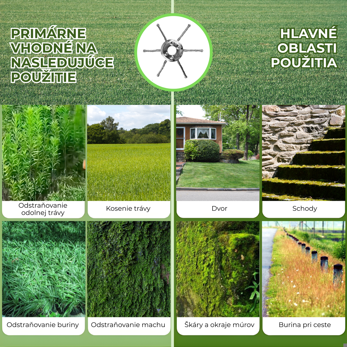 Hlava krovinorezu má 6 spletených ramien z odolného oceľového drôtu.