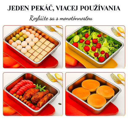 Nerezový podnos z ocele 304 s viečkom – Udrží jedlo čerstvé až 1 mesiac, odolný do 1000 °C a šetrí miesto | 70% ZĽAVA