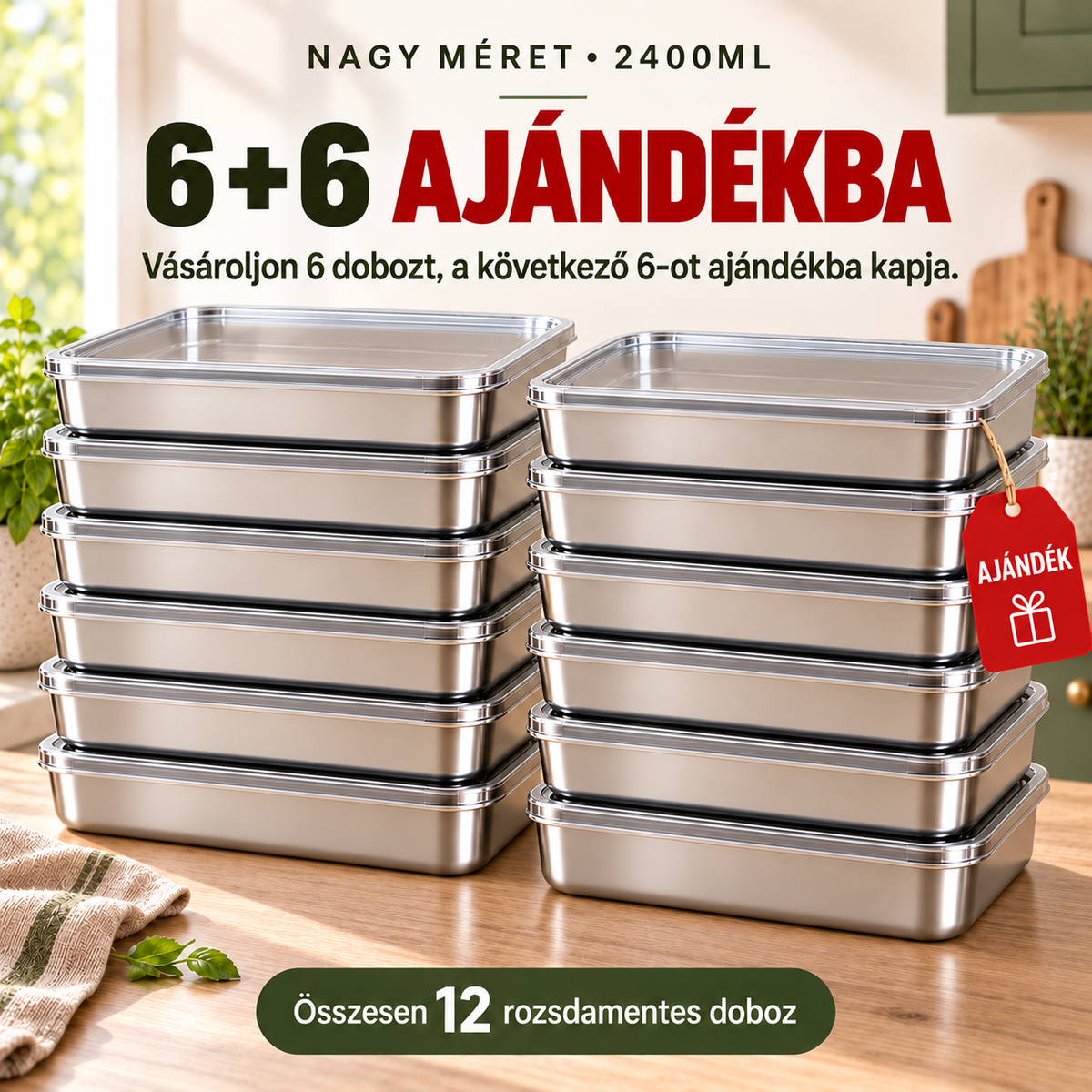 ✦ 12 za cenu 6 | Súprava vzduchotesných nerezových nádob 304 (2000 ML) ✦